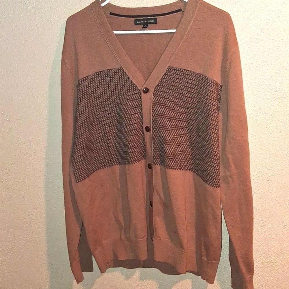 Banana Republic Wool Cotton Blend Tan Black Classic Cardigan L